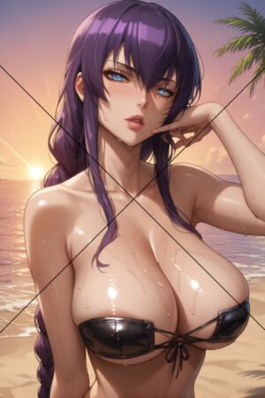 Purple-Haired Girl in Bikini at Sunset Cartoon Print 6" x 4"