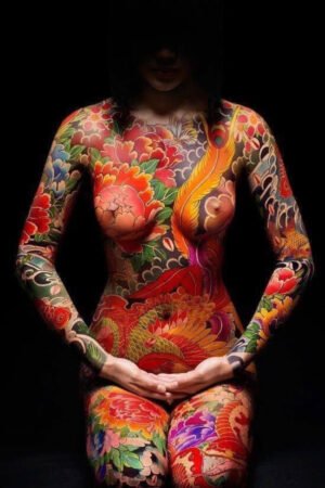 Full Body Color Tattoo Art On Woman In Meditative Pose 6" x 4" Digital Download